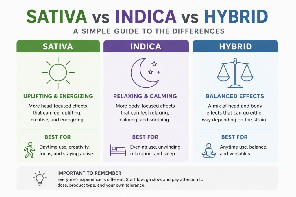     Sativa vs Indica vs Hybrid infographic comparing typical vibes and when each label is often chosen