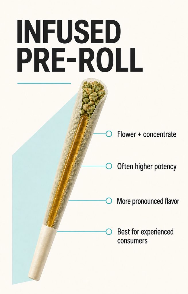 Infographic explaining what an infused pre-roll is, including flower, concentrate, higher potency and more pronounced flavor.