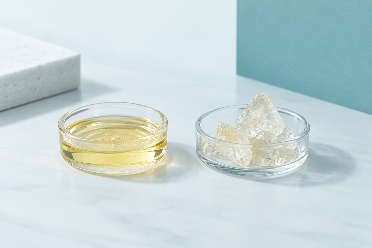 Illustration of liquid diamonds cannabis oil beside THCA crystals in glass dishes.